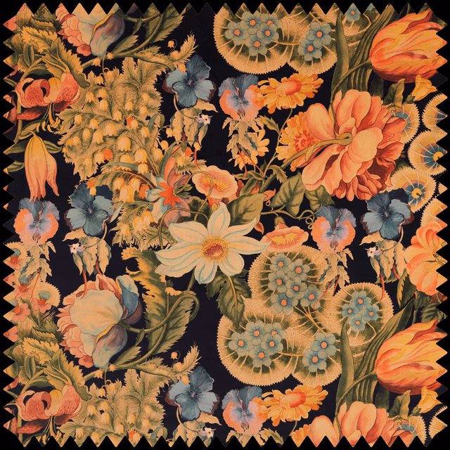 Near-black velvet swatch with coral, peach, teal and ochre botanical blooms