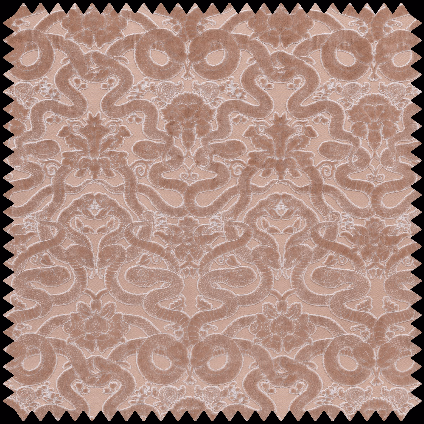 Dusky pink cut velvet with raised paisley, scroll and floral motifs