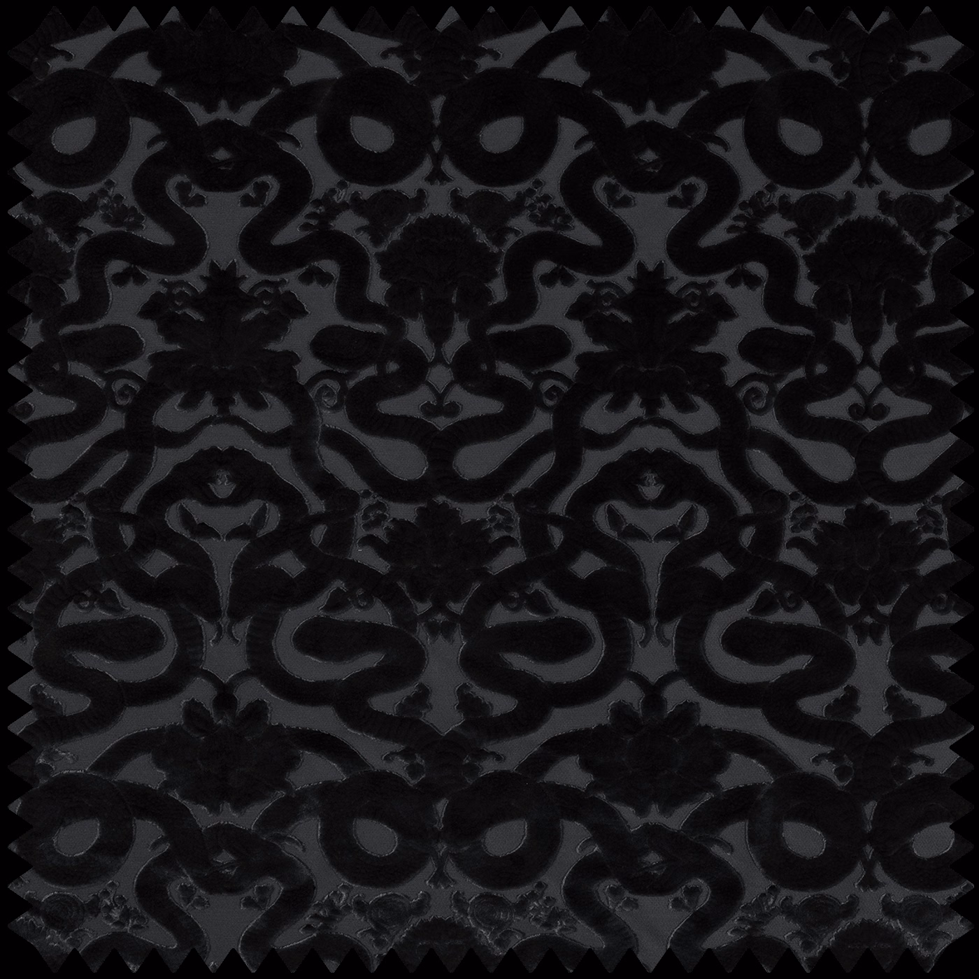 Black and charcoal cut velvet showing a large raised damask pattern with scrolling foliage