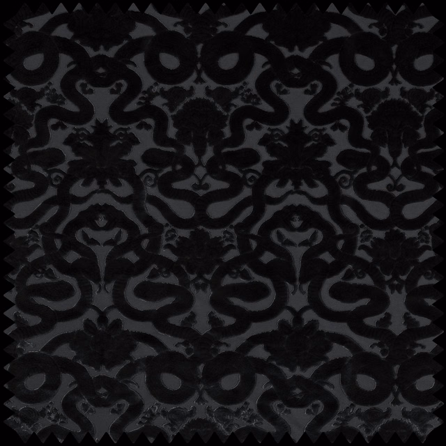 Black and charcoal cut velvet showing a large raised damask pattern with scrolling foliage