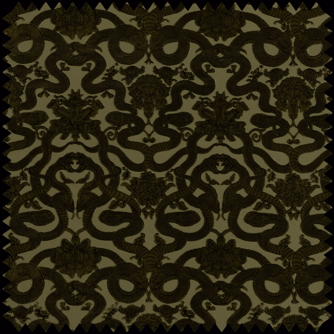 Olive green cut-velvet with dark mirrored serpents and ornate floral medallions