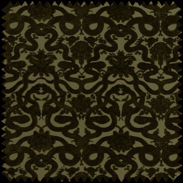 Olive green cut-velvet with dark mirrored serpents and ornate floral medallions