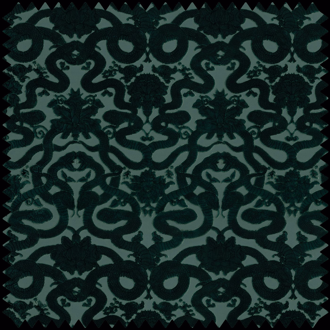 Deep petrol teal cut-velvet with dark raised serpentine damask motifs