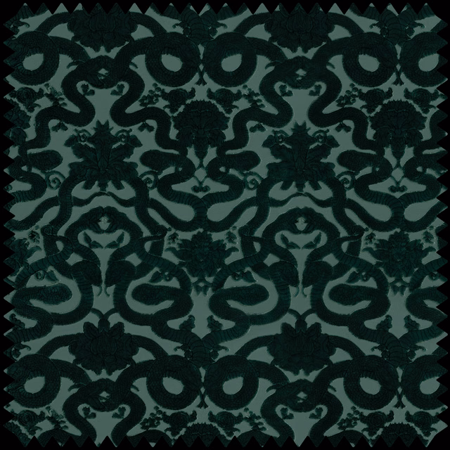 Deep petrol teal cut-velvet with dark raised serpentine damask motifs