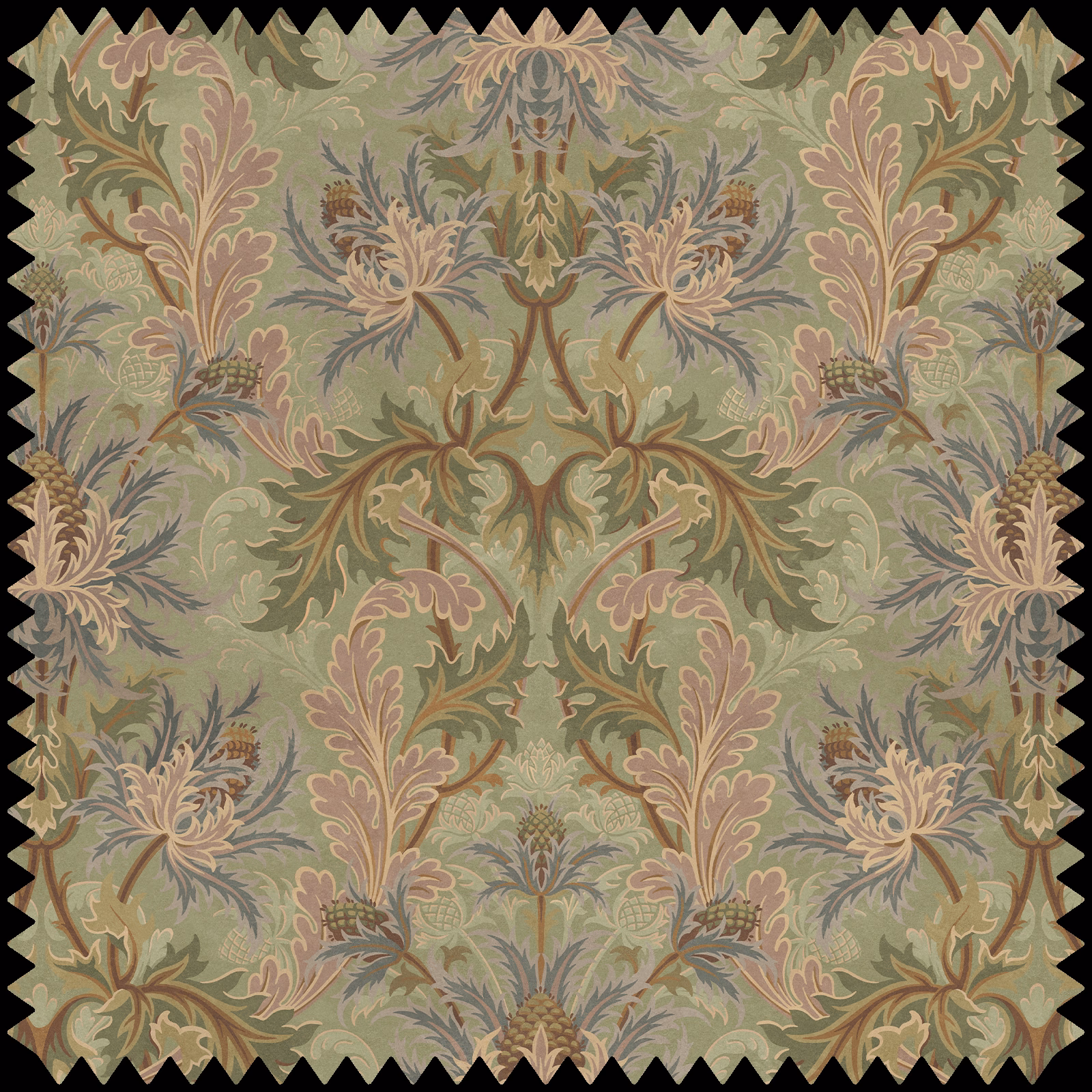 Muted apple-green botanical swatch with dusty pink flowers and olive foliage