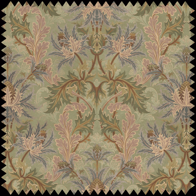 Muted apple-green botanical swatch with dusty pink flowers and olive foliage