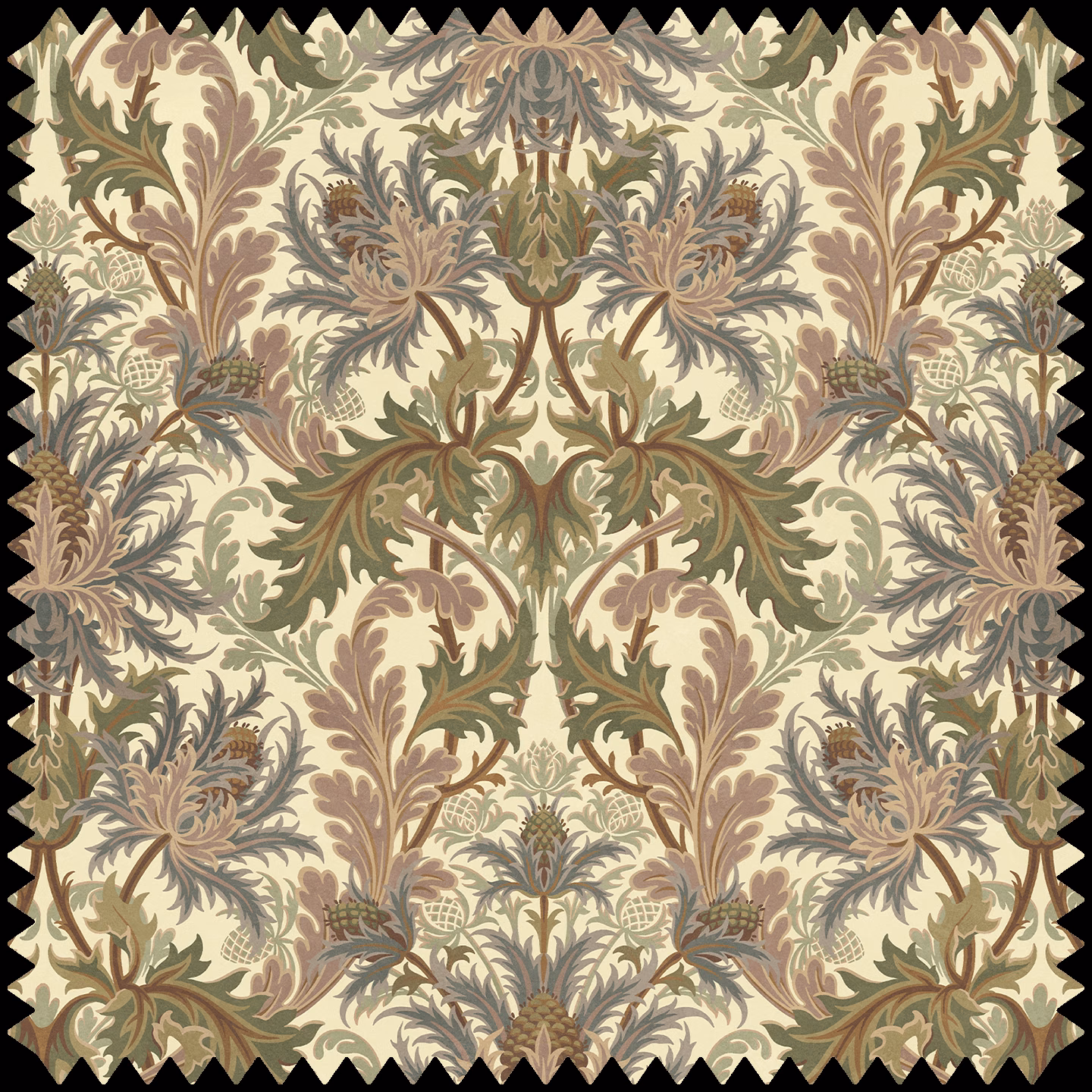 Ecru botanical textile with olive, taupe and dusty blue symmetrical foliage