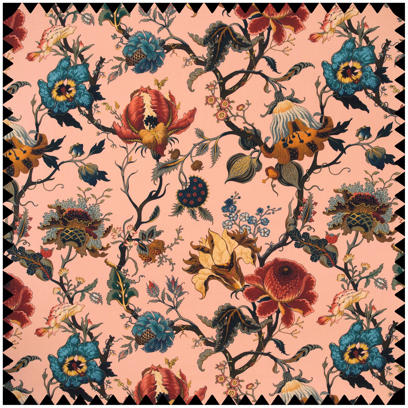 Blush-pink textile with teal flowers, red blooms and twisting botanical branches