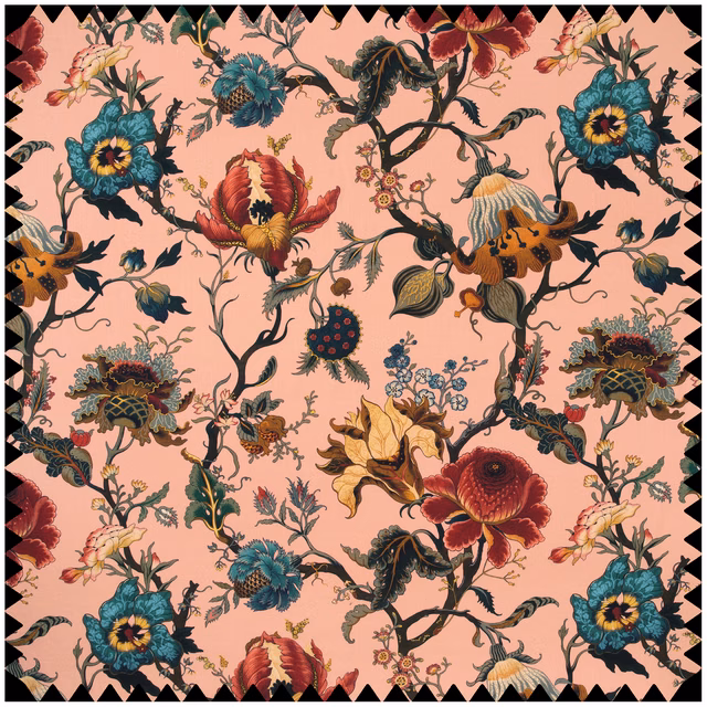 Blush-pink textile with teal flowers, red blooms and twisting botanical branches