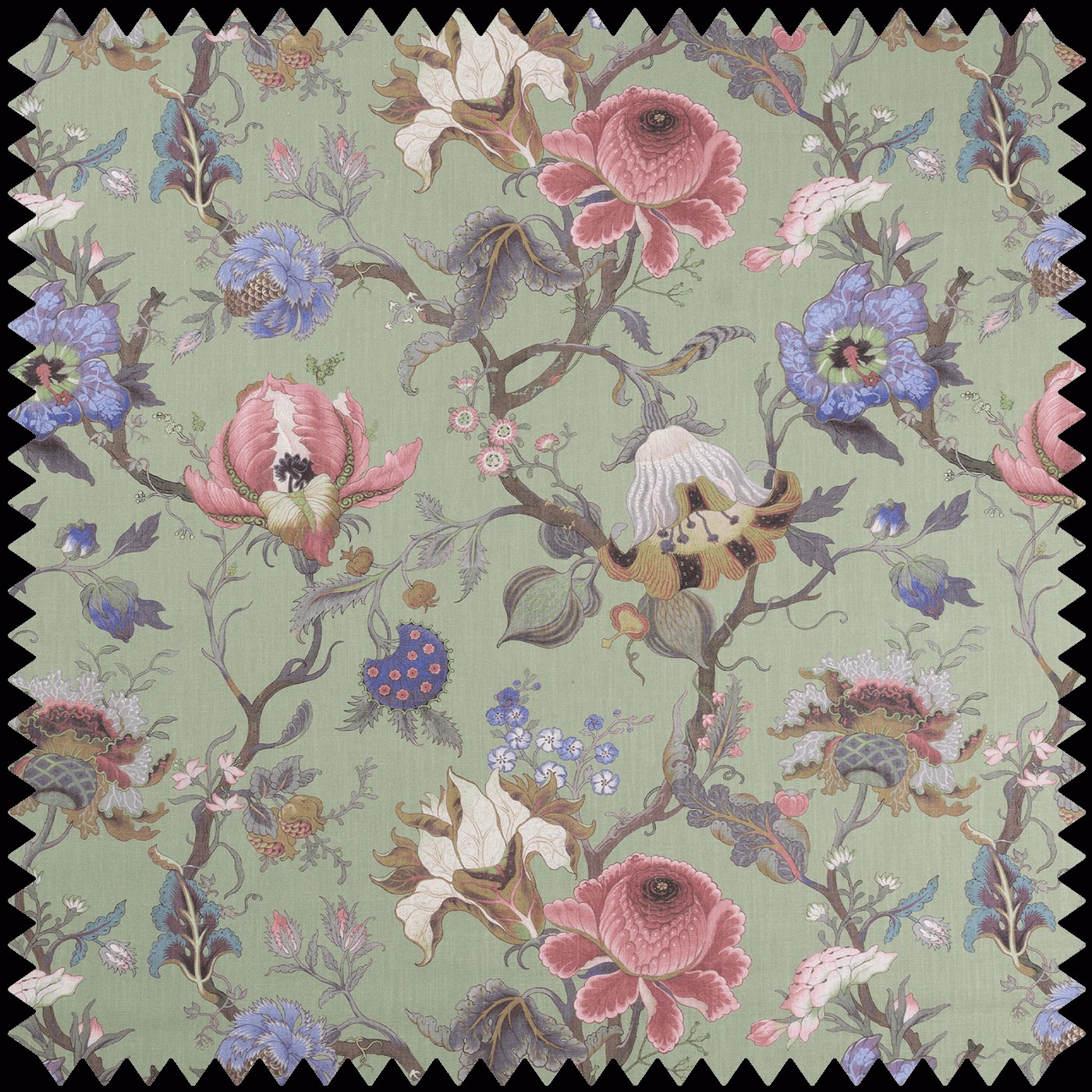 Muted jade-green floral fabric with pink, blue and cream botanical motifs