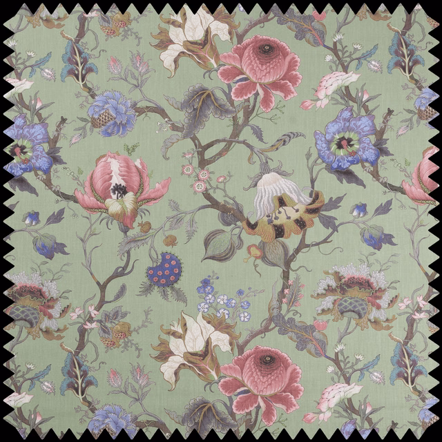 Muted jade-green floral fabric with pink, blue and cream botanical motifs