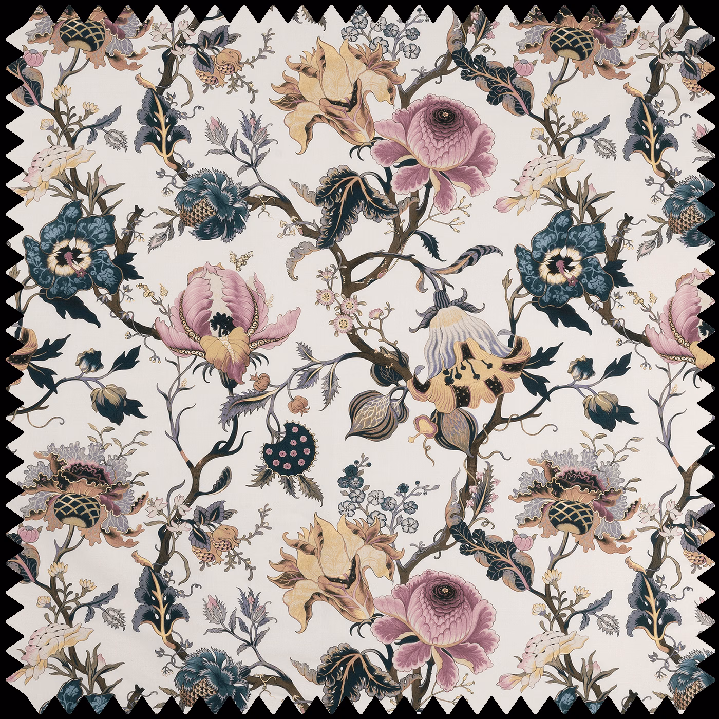 Off-white botanical swatch with blush blooms, teal flowers and ochre curling branches