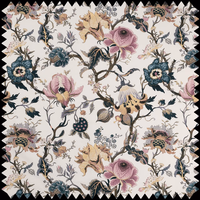 Off-white botanical swatch with blush blooms, teal flowers and ochre curling branches