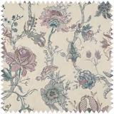 Alabaster linen ground with muted mauve, teal and sage embroidered botanicals