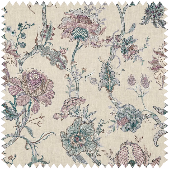 Alabaster linen ground with muted mauve, teal and sage embroidered botanicals