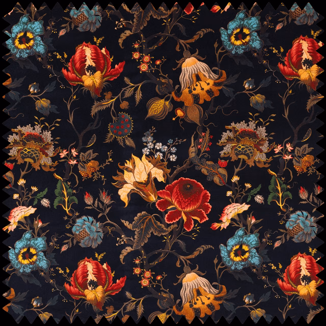 Black velvet with jewel-toned flowers, red blooms, turquoise rosettes and trailing botanical vines
