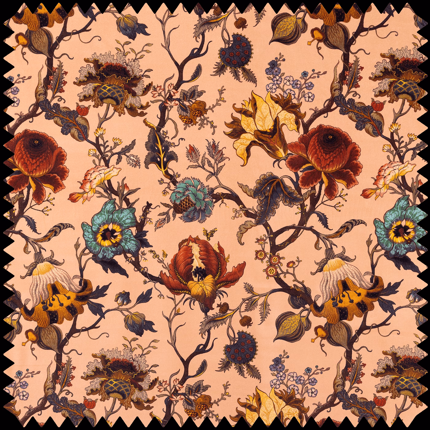 Blush velvet with dark scrolling vines, jewel-toned flowers and golden bee motifs