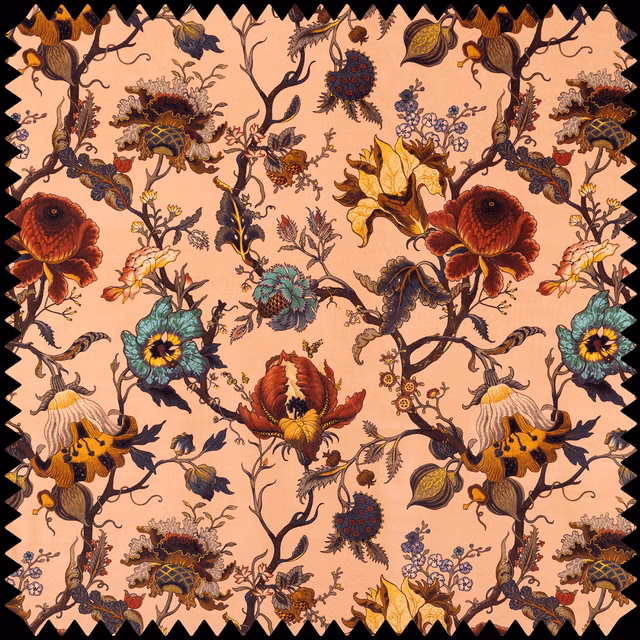 Blush velvet with dark scrolling vines, jewel-toned flowers and golden bee motifs