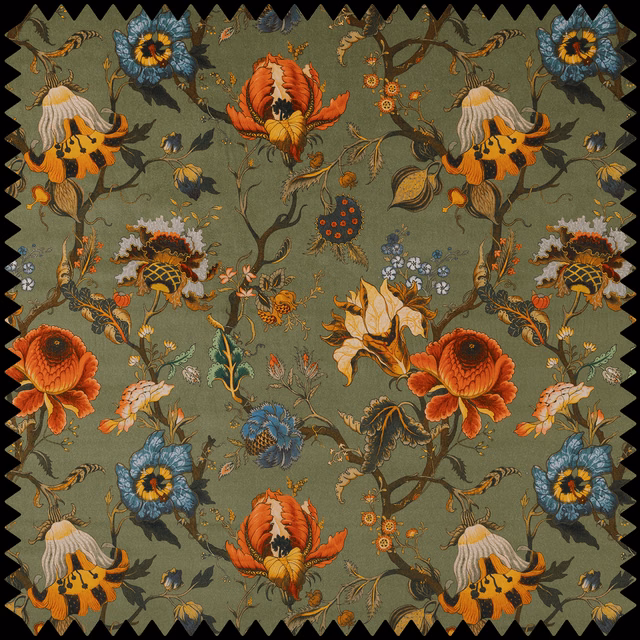Moss-green velvet with oversized rust, ochre, cream and blue botanical flowers
