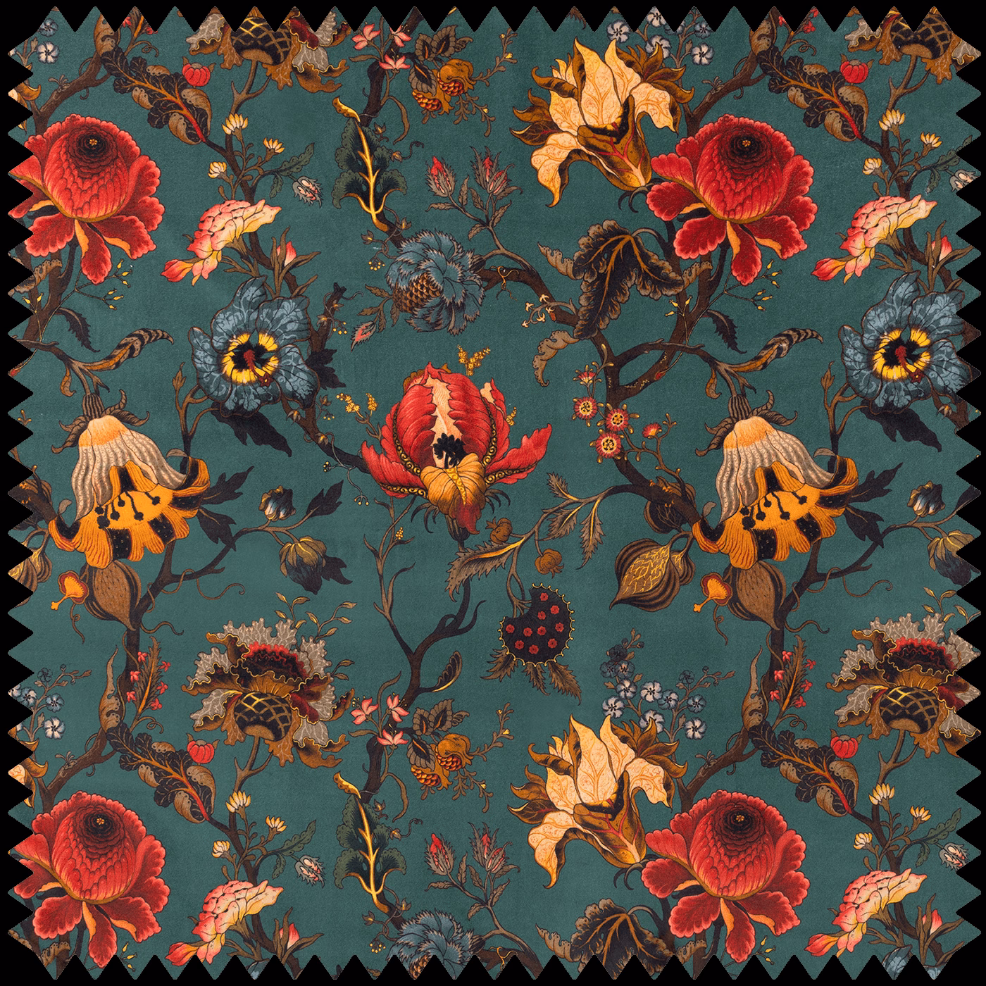 Deep petrol velvet with red poppies, ochre blooms and intricate trailing foliage