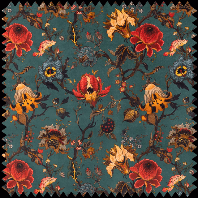 Deep petrol velvet with red poppies, ochre blooms and intricate trailing foliage