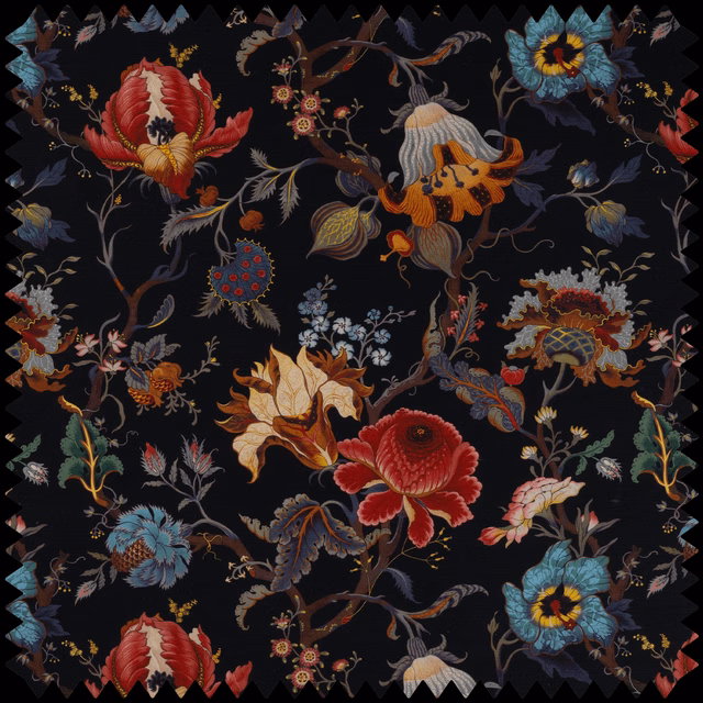 Black botanical fabric with vivid red, blue, orange and ochre flowers