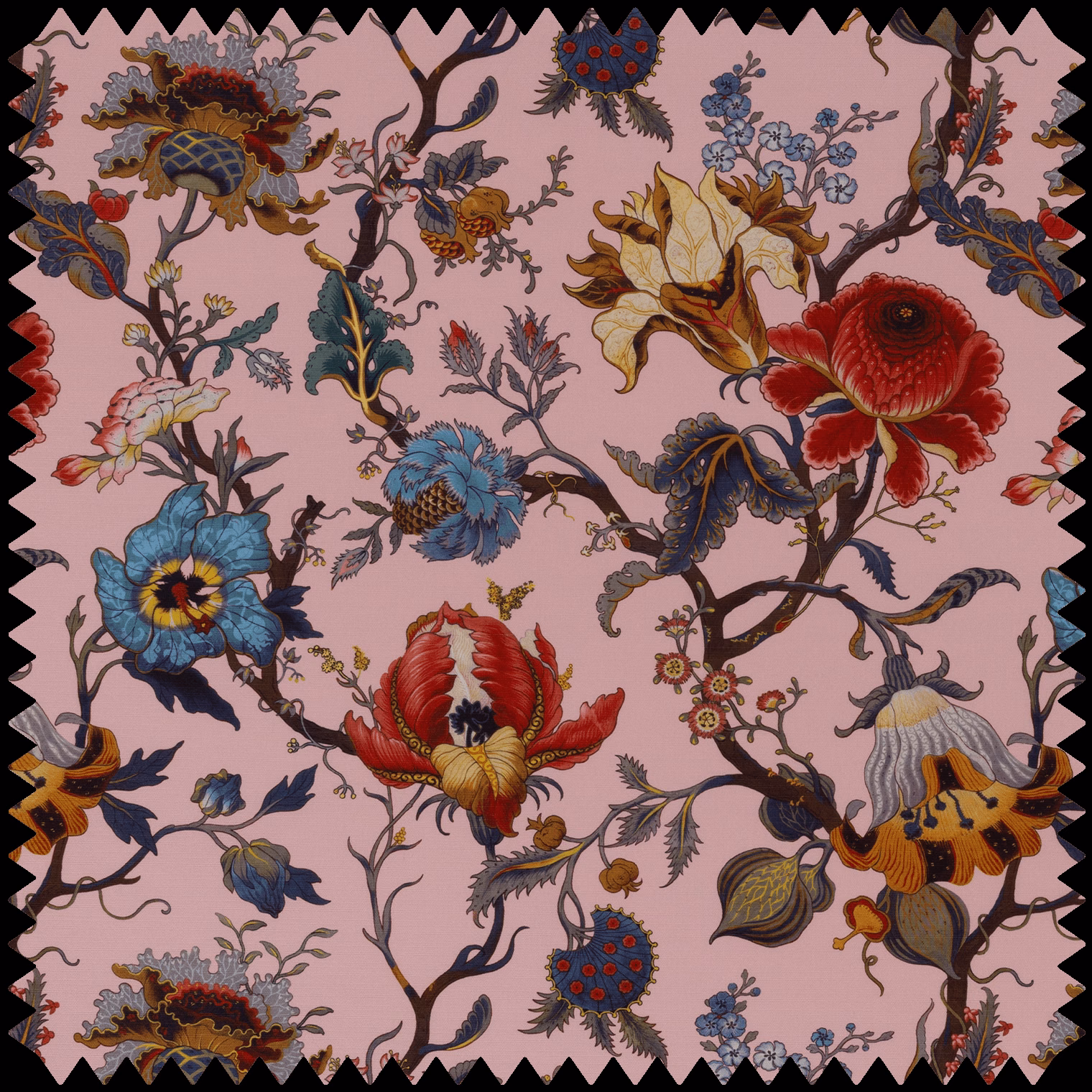 Dusty blush textile with oversized red, blue and ochre flowers on curling branches