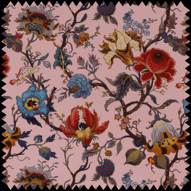 Dusty blush textile with oversized red, blue and ochre flowers on curling branches