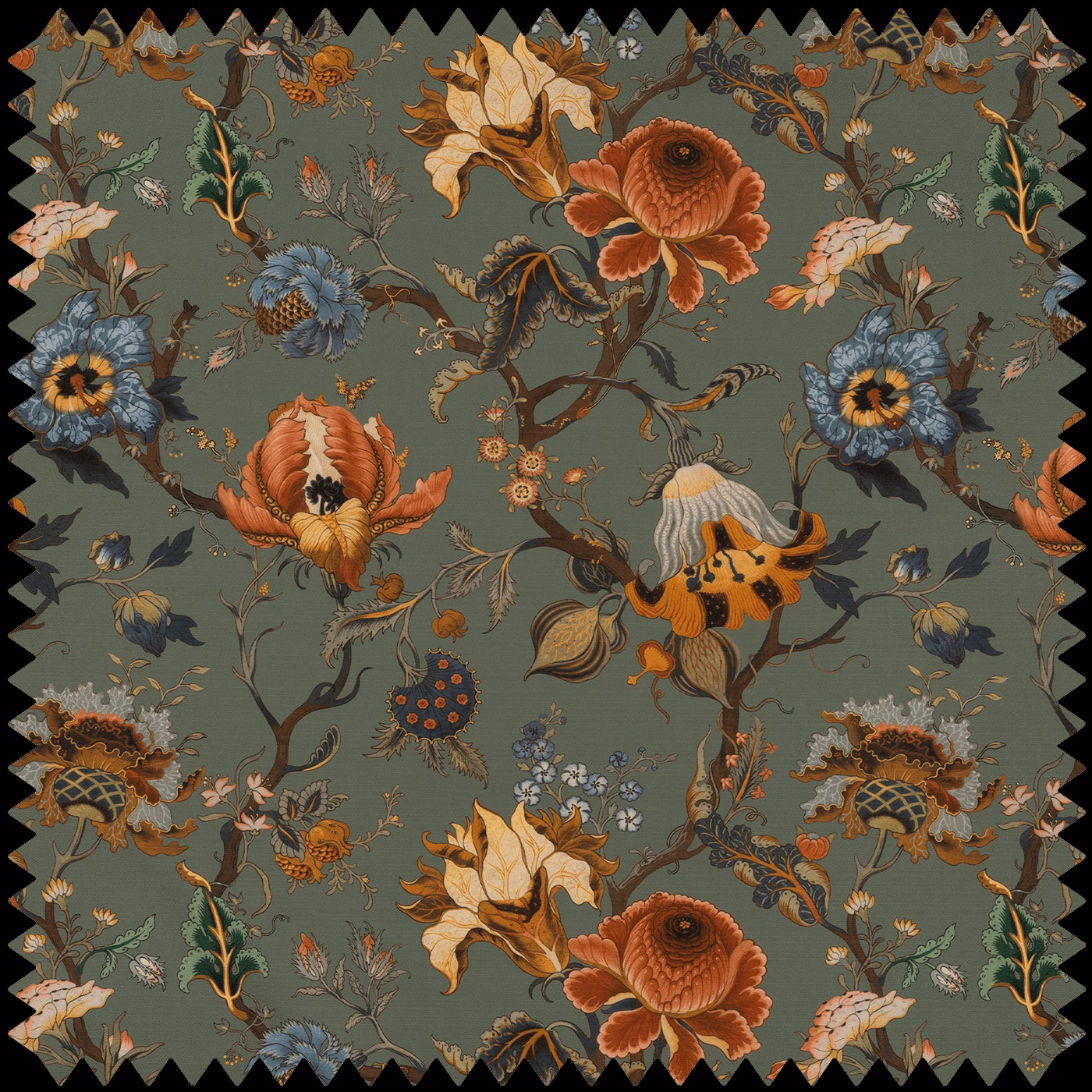 Moss green botanical fabric with oversized rust flowers, blue blooms and curling vines