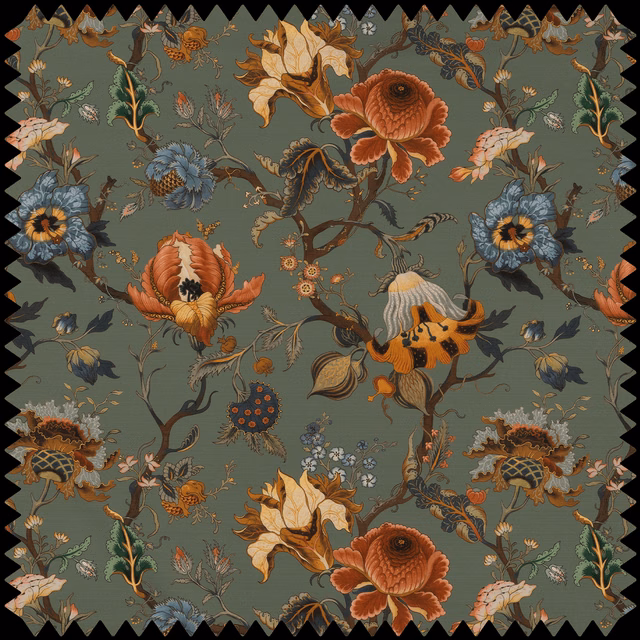 Moss green botanical fabric with oversized rust flowers, blue blooms and curling vines