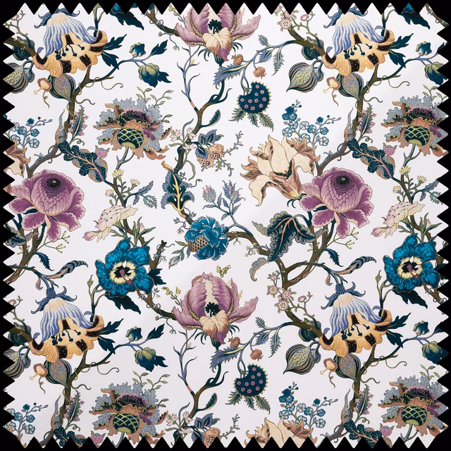 Off-white botanical textile with jewel-toned flowers, birds and curling stems