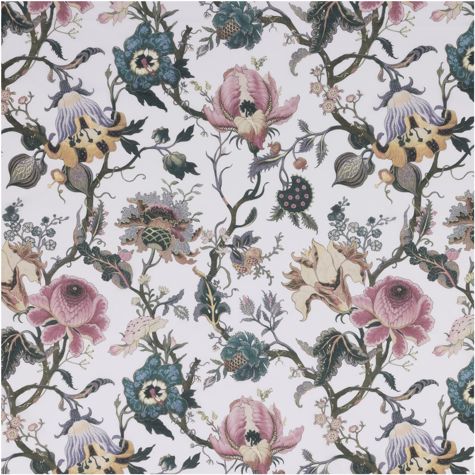 Off-white sheer with pink peonies, teal blooms and curling botanical branches
