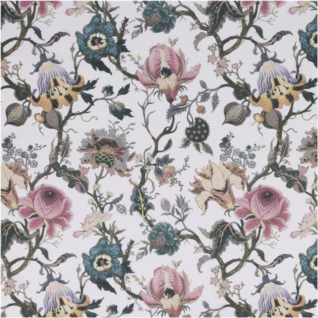 Off-white sheer with pink peonies, teal blooms and curling botanical branches