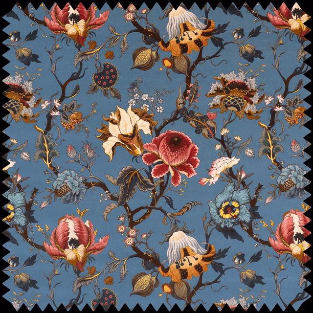 Azure blue velvet with coral flowers, ornate birds, curling branches and jewel-toned botanicals