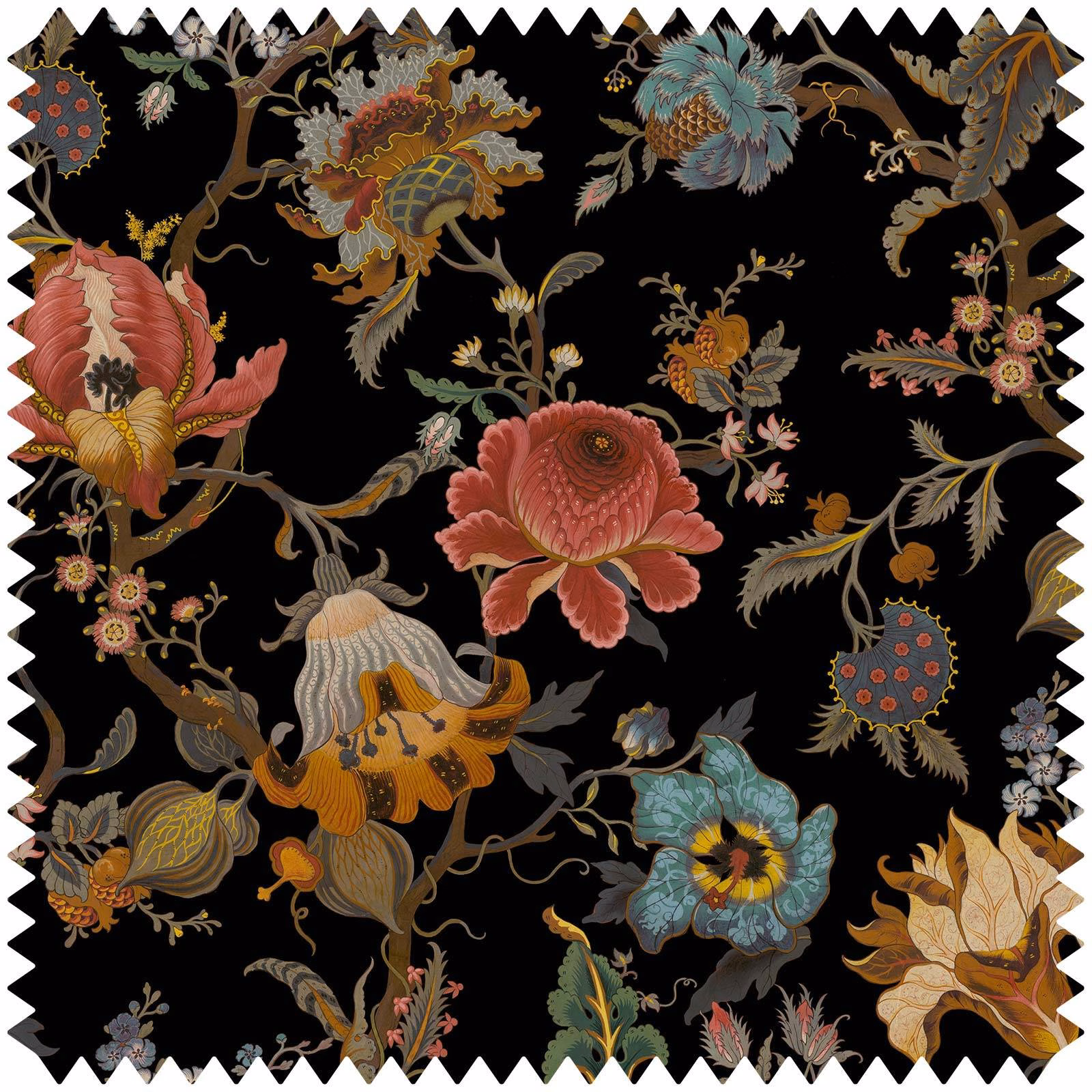 Ink-black velvet with coral, teal and ochre botanical motifs