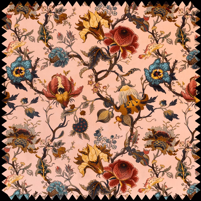 Blush pink velvet swatch with teal, burgundy and ochre botanical flowers