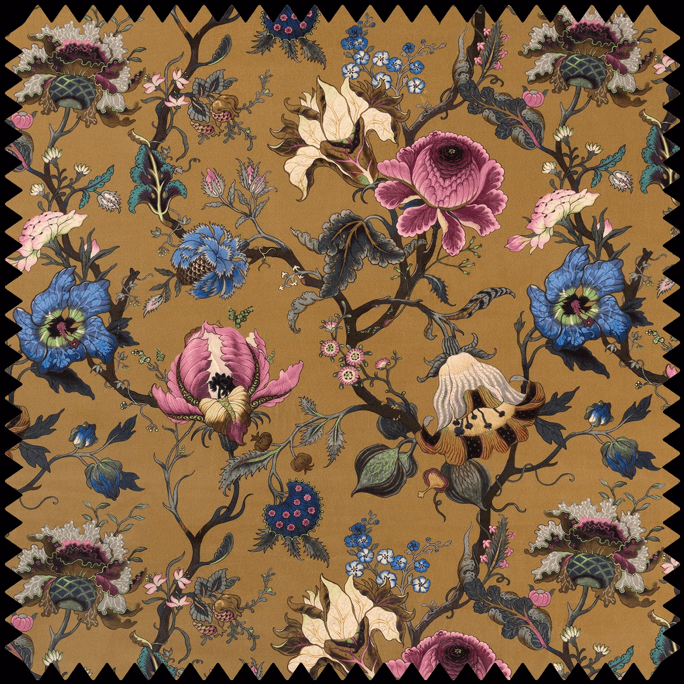 Bronze velvet with magenta, blue and ivory botanical flowers on twisting dark stems