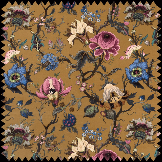 Bronze velvet with magenta, blue and ivory botanical flowers on twisting dark stems