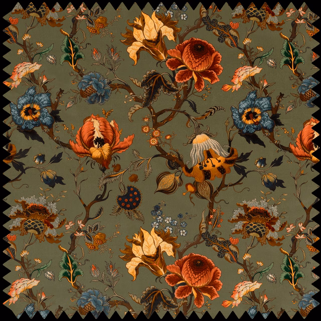 Moss green velvet with oversized coral, rust and blue botanical blooms