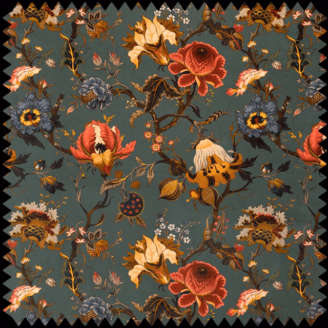 Dark petrol velvet with coral poppies, cream blooms and curling ochre foliage.