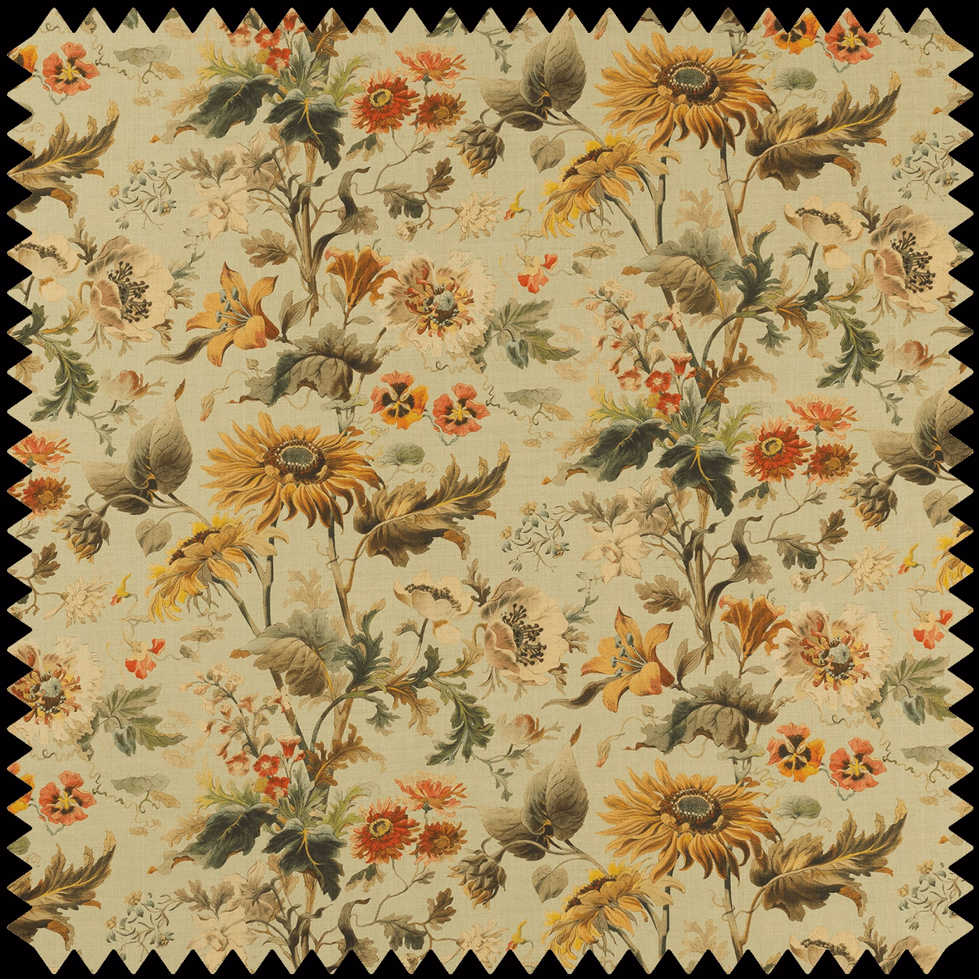 Pale apple-green floral cloth with golden sunflowers, red blooms and leafy stems