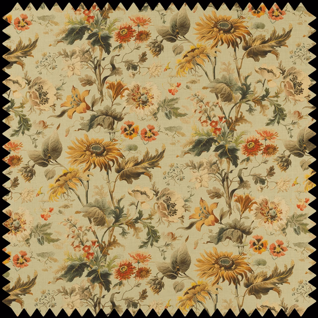 Pale apple-green floral cloth with golden sunflowers, red blooms and leafy stems