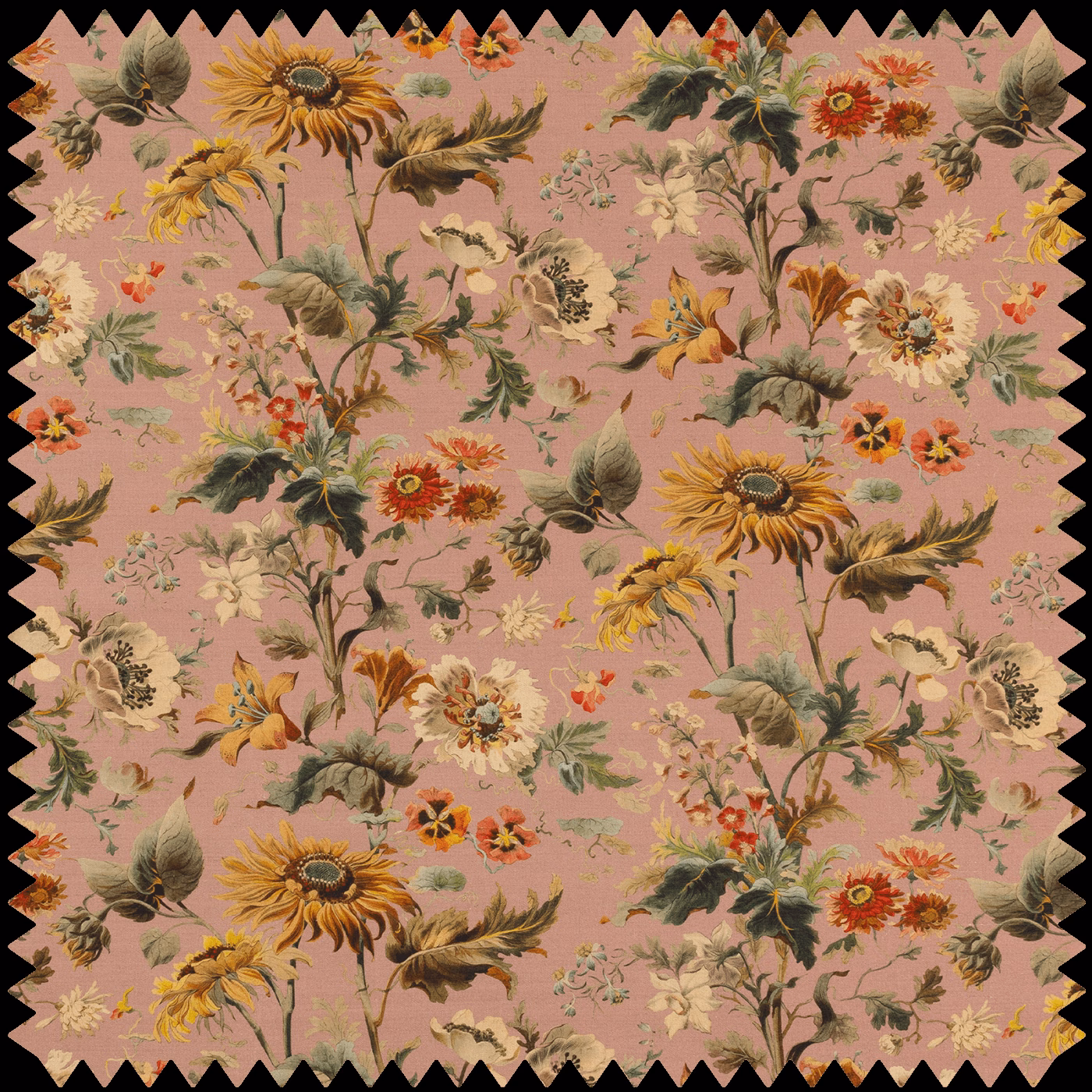 Puce pink cotton-linen swatch with sunflowers, roses and leafy botanical florals