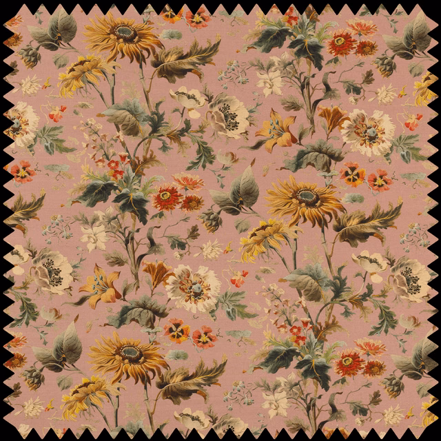 Puce pink cotton-linen swatch with sunflowers, roses and leafy botanical florals