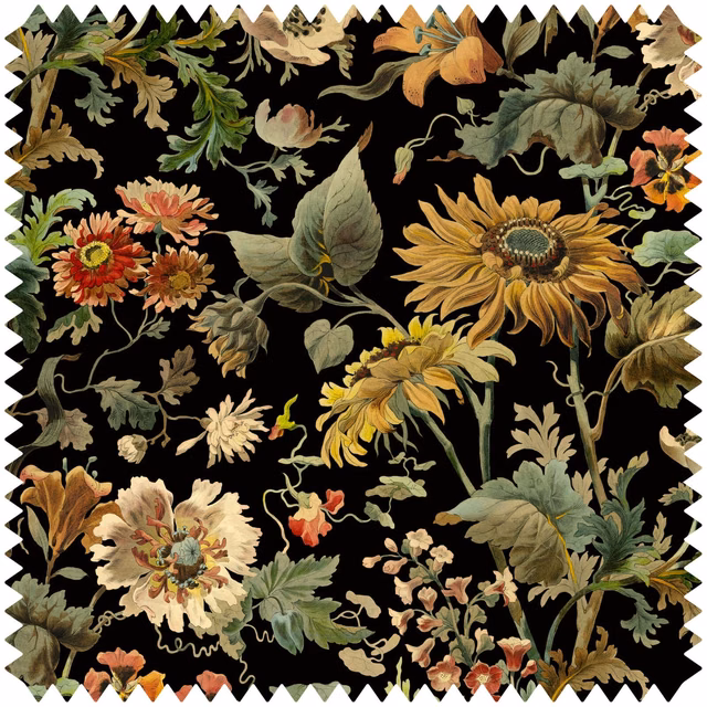 Black velvet with ochre sunflowers, rust blooms and muted green botanical foliage