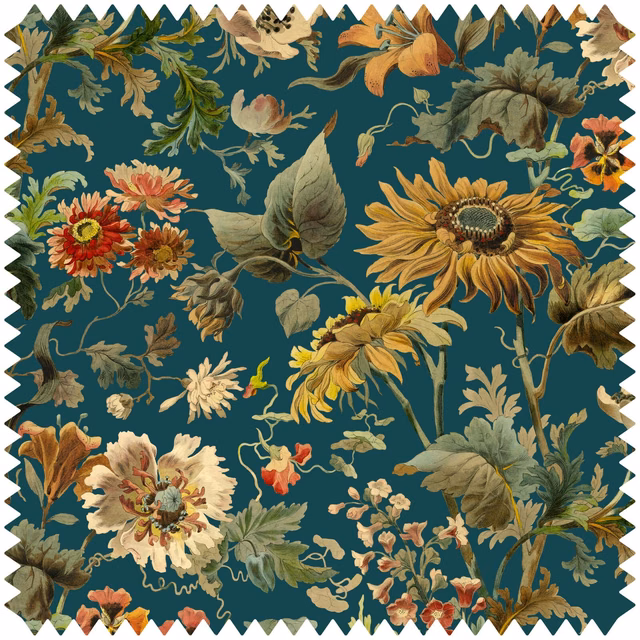 Deep petrol teal velvet with oversized ochre, coral and sage botanical flowers