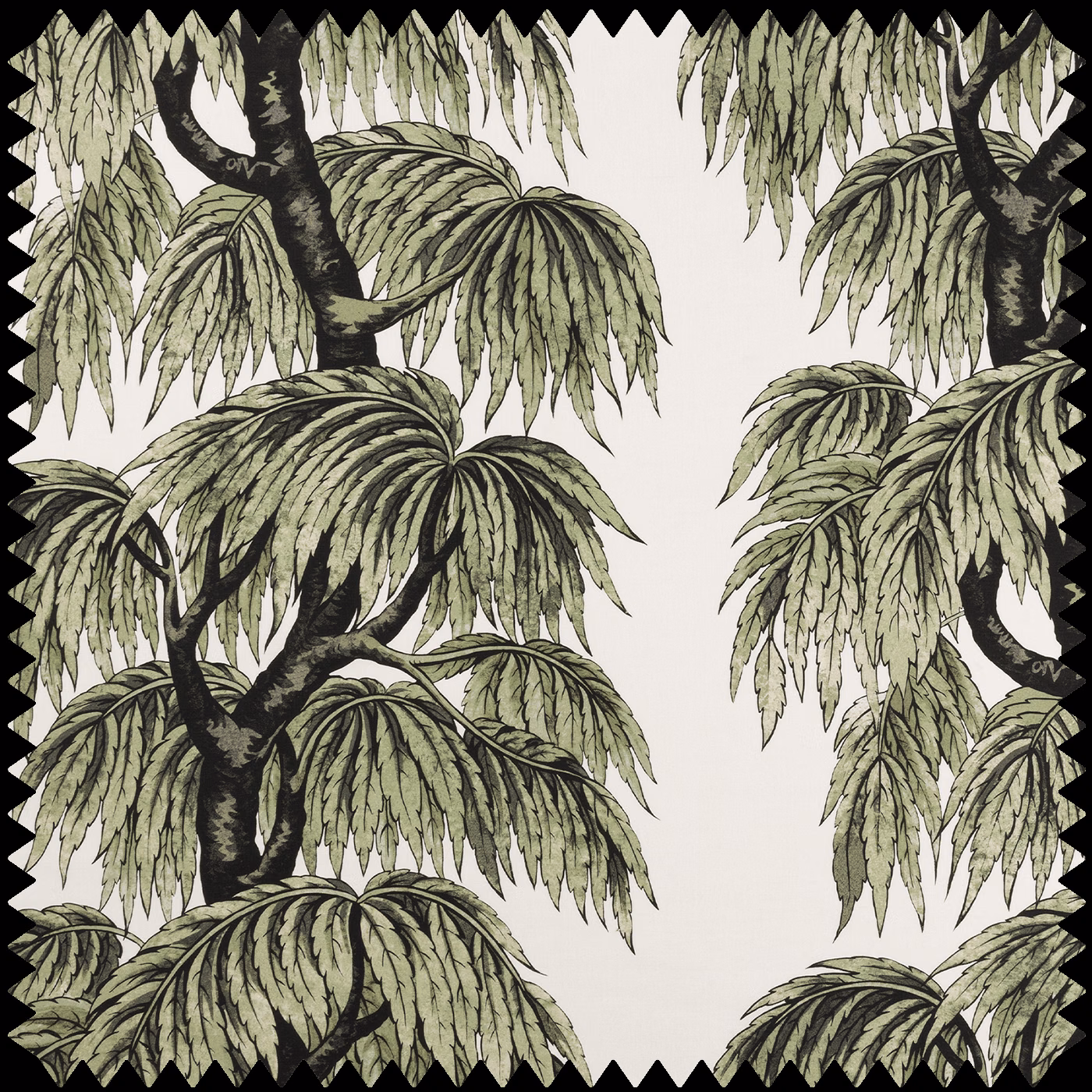 Papyrus fabric with olive palm foliage, charcoal branches, and a cream ground