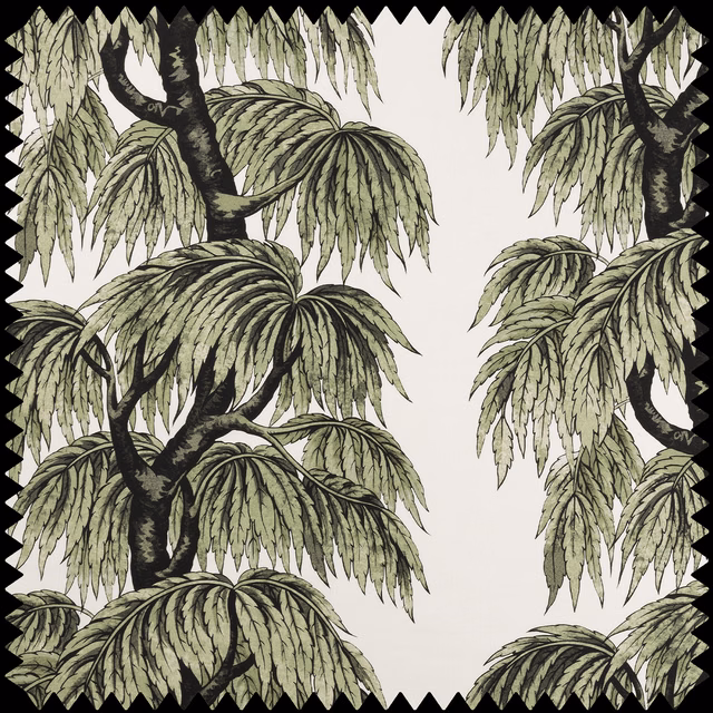 Papyrus fabric with olive palm foliage, charcoal branches, and a cream ground