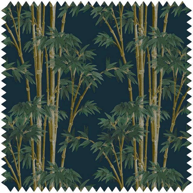 Midnight teal velvet showing tall bamboo stems and layered olive-green foliage