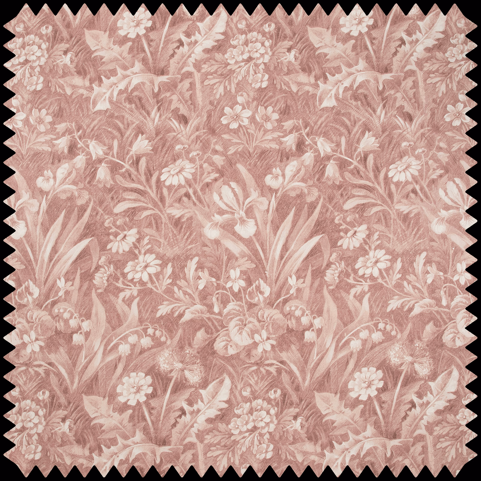 Dusty rose floral fabric with pale flowers, leafy stems and a softly textured surface
